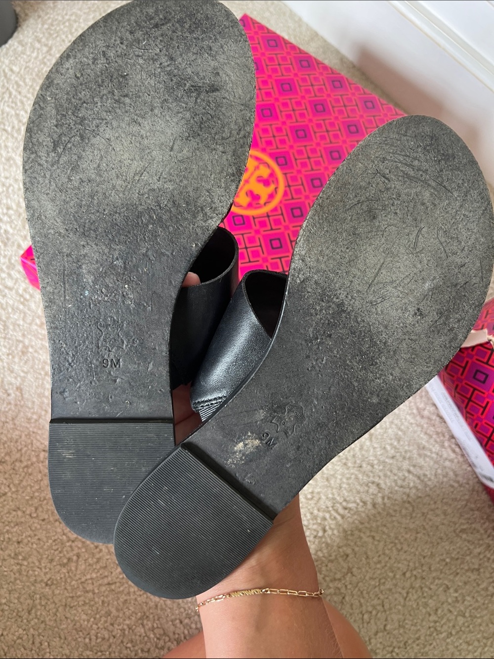 Tory Burch Black Leather Slides with Gold Disc Accent - Picture 4 of 4